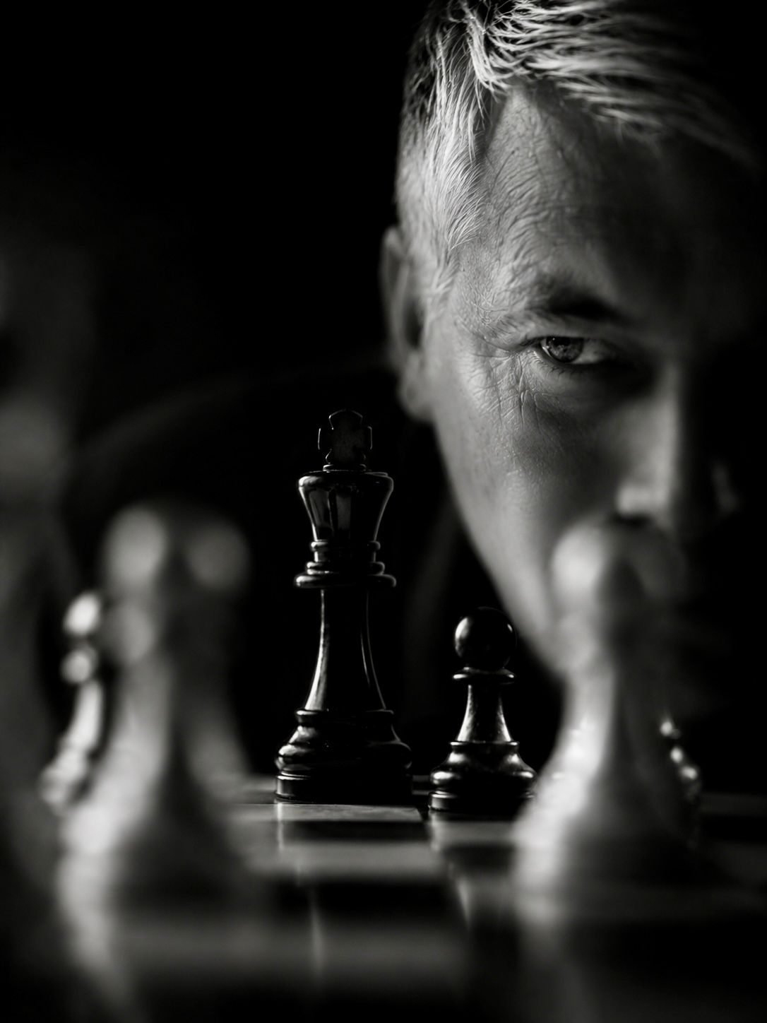 Black-and-white portrait behind the pieces of a chessboard